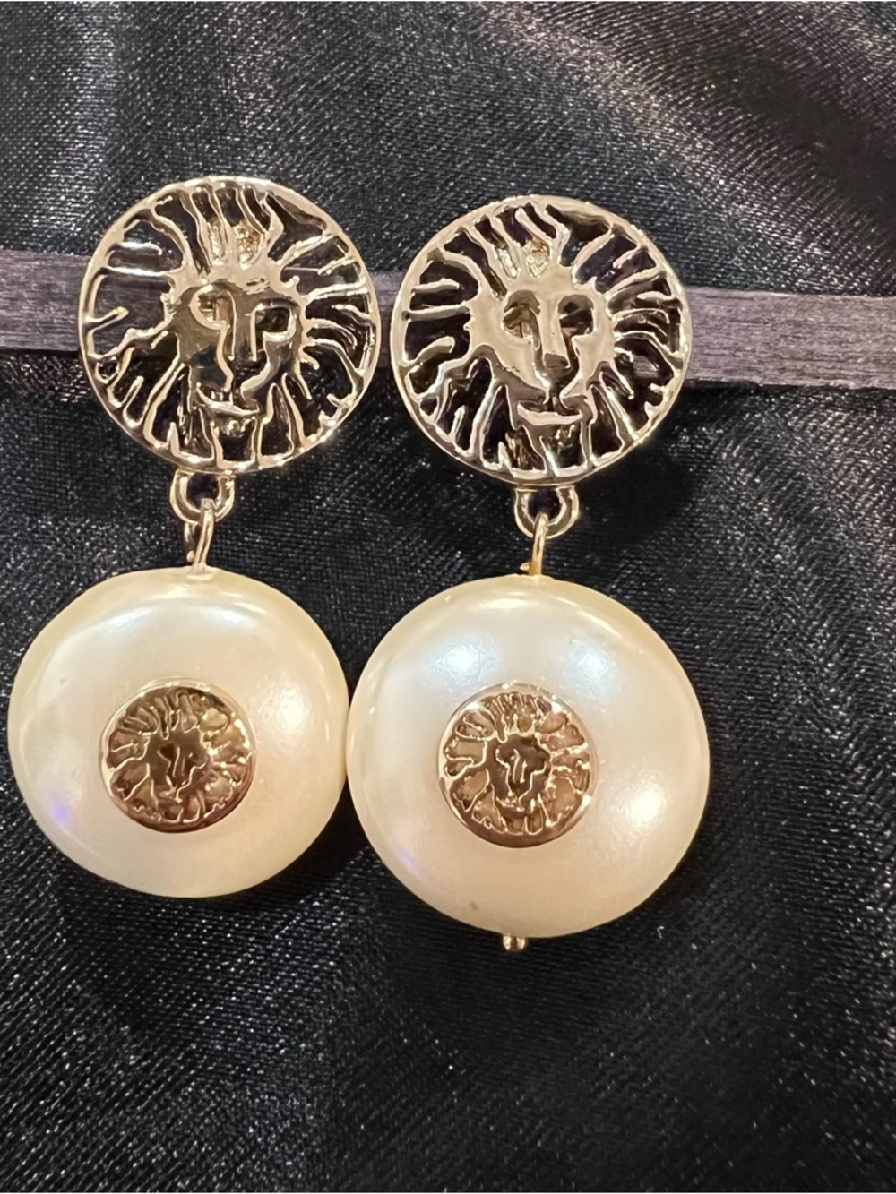 Vintage Anne Klein Gold Lion Head Clip Earrings with Ivory Pearl Discs